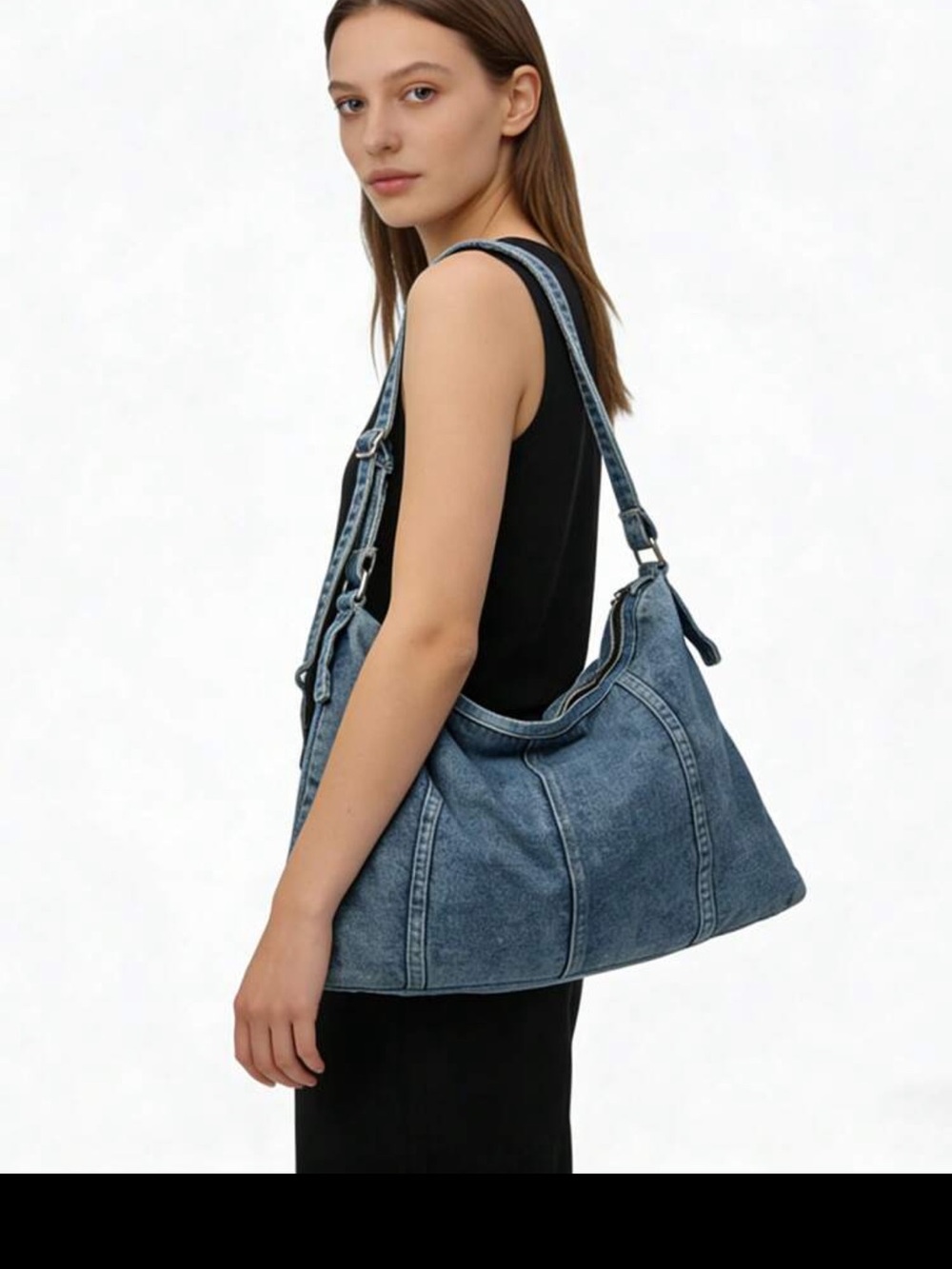 Denim Shoulder Hobo Bag - Blue - Picture 6 of 6